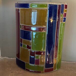 Vintage Curved Stain Case Glass & Inspired by Piet Mondrian Style Candle Sconce